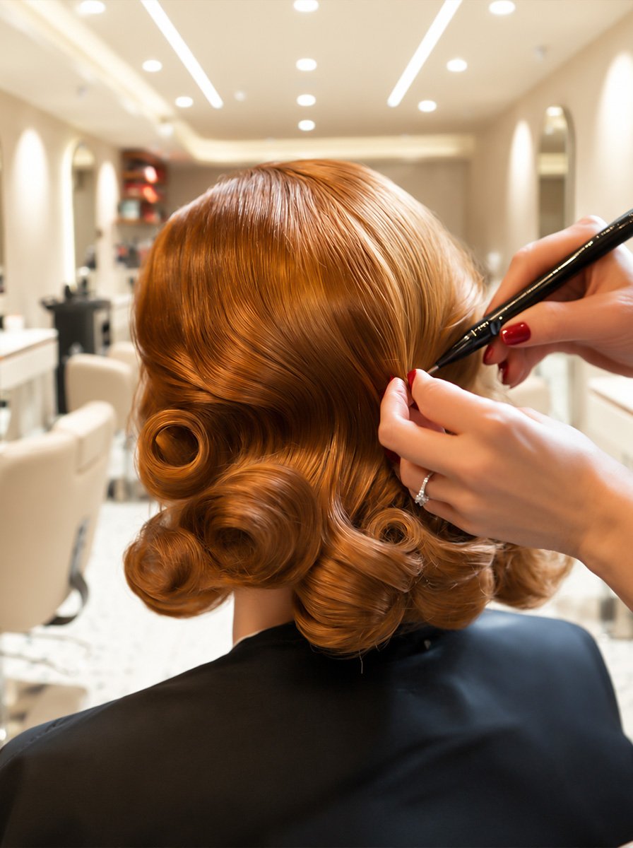 Stylist shaping glossy copper hair into sculpted waves with a comb